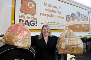 Councillor Sarah Russell, Assistant City Mayor responsible for neighbourhood services at Leicester city council, with the new bags being used for recycling